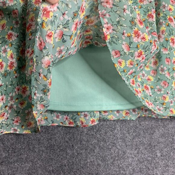 Poof Floral Mini Skater’s Skirt Women M Green Pink Lined Chiffon Pull On - Picture 5 of 9